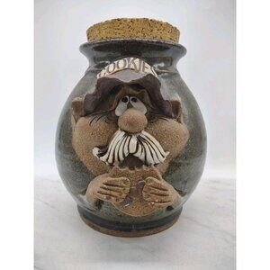 Vtg 1970s Cookie Jar Mahon Ugly Face Mustache Stoneware Pottery Jar w/Cork Lid